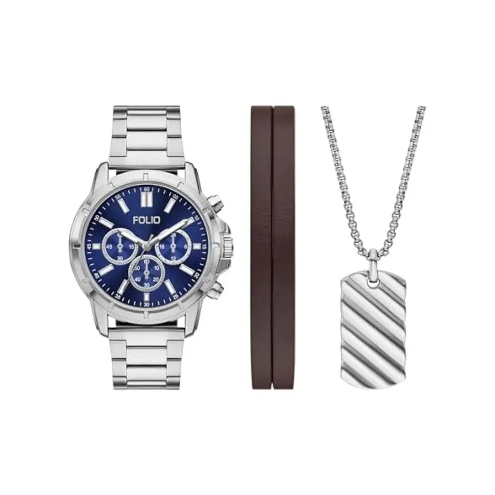 Folio Men Three-Hand Silver-Tone Watch